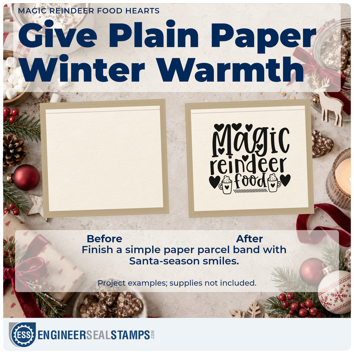 Before and after of a plain item finished with the Magic Reindeer Food Wood Handle Stamp, a quick upgrade for framed station back.