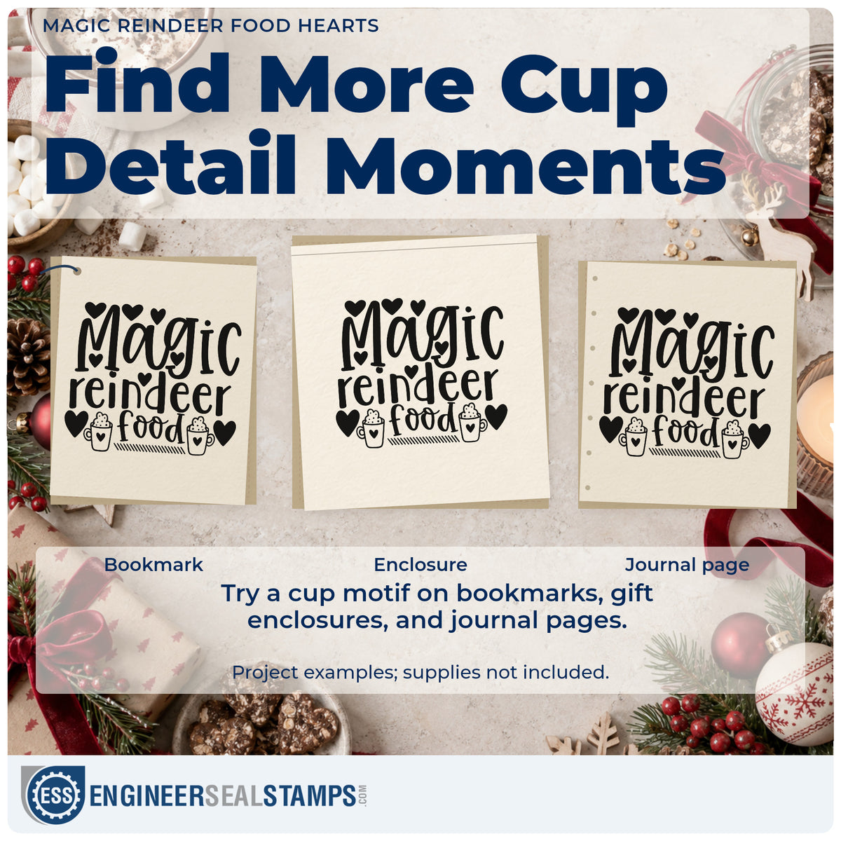Three project examples made with the Magic Reindeer Food Rubber Stamp – Duo Hand, including supply prep sheet.