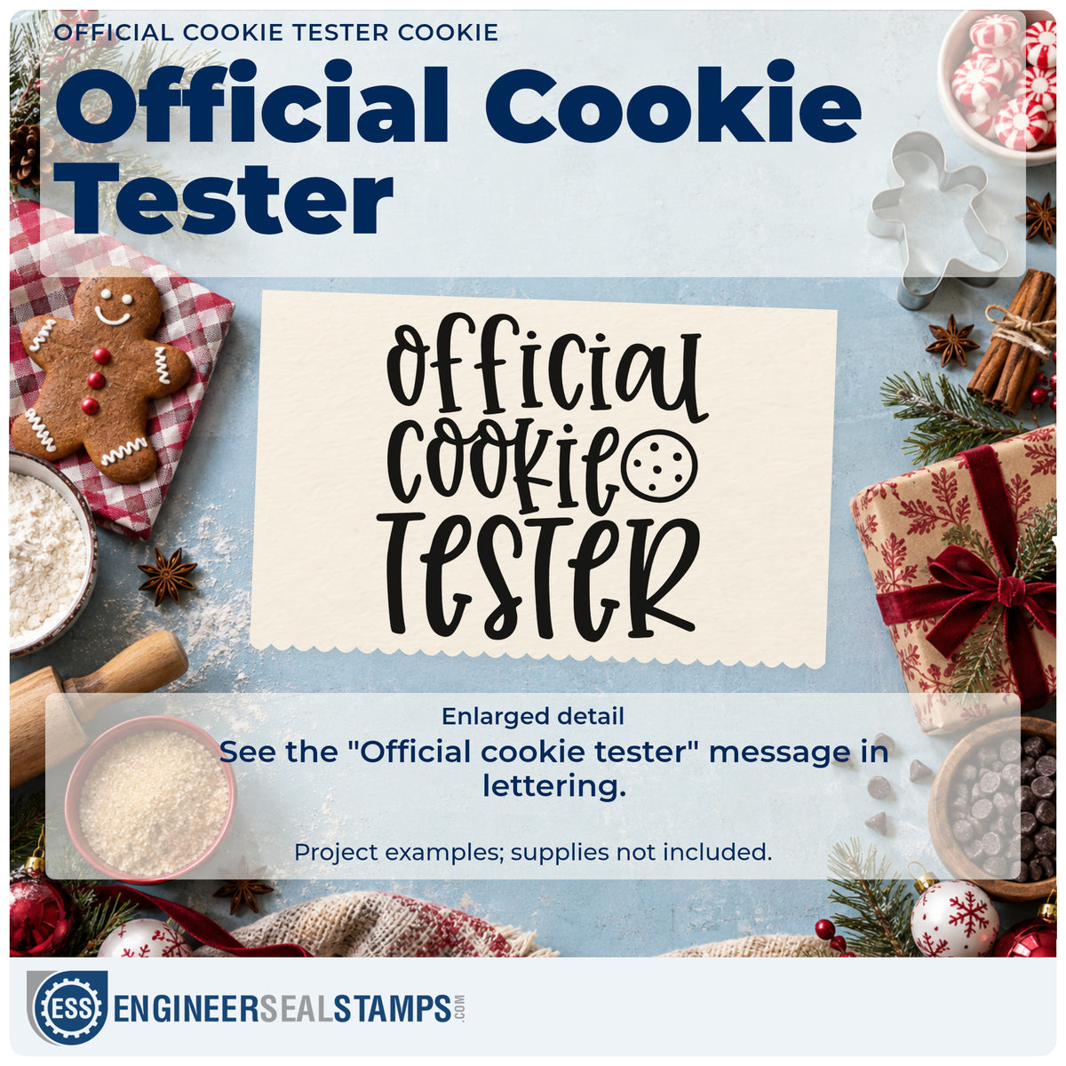 Enlarged detail of the Round Cookie With Official Cookie Tester Hand Stamp – Duo imprint. The words "Official cookie tester" appear in tall lettering beside a round cookie.