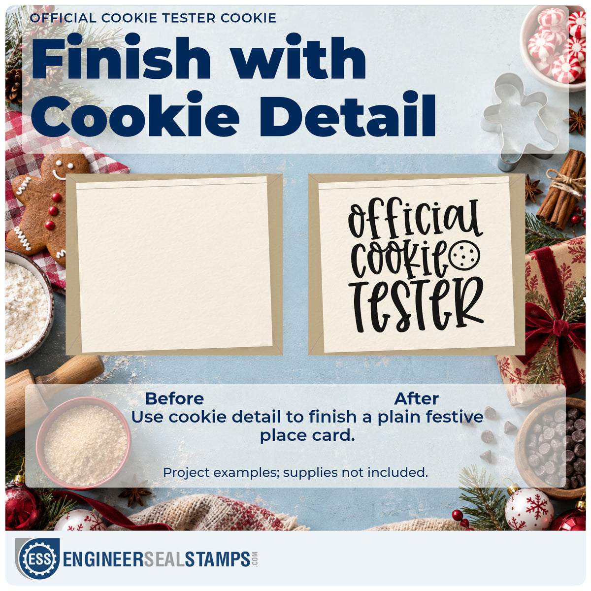 Before and after of a plain item finished with the Round Cookie With Official Cookie Tester PSI Pre-Inked Stamp, a quick upgrade for framed slim panel.