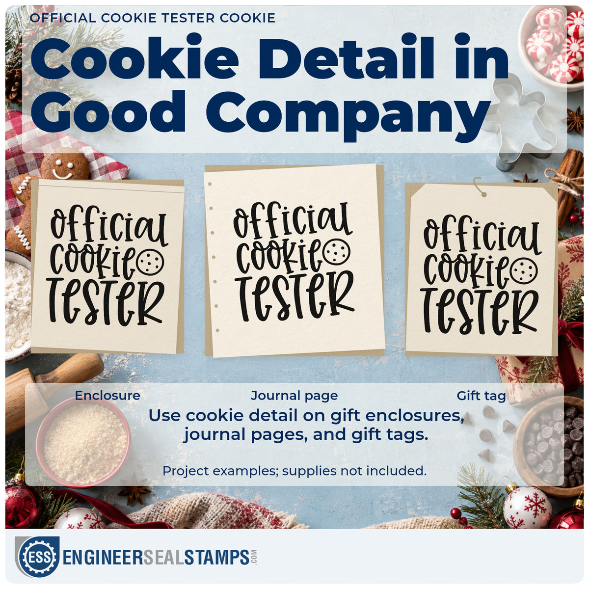 Three project examples made with the Round Cookie With Official Cookie Tester Wood-Mounted Rubber Stamp, including column score sheet.