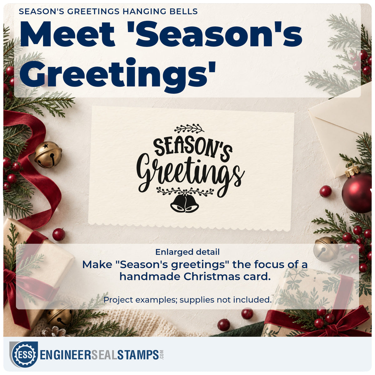 Enlarged detail of the Season's Greetings Hanging Bells Botanical Sprig Stamp – Duo Hand imprint. The words "Season's greetings" appear between leafy sprigs above two hanging bells.
