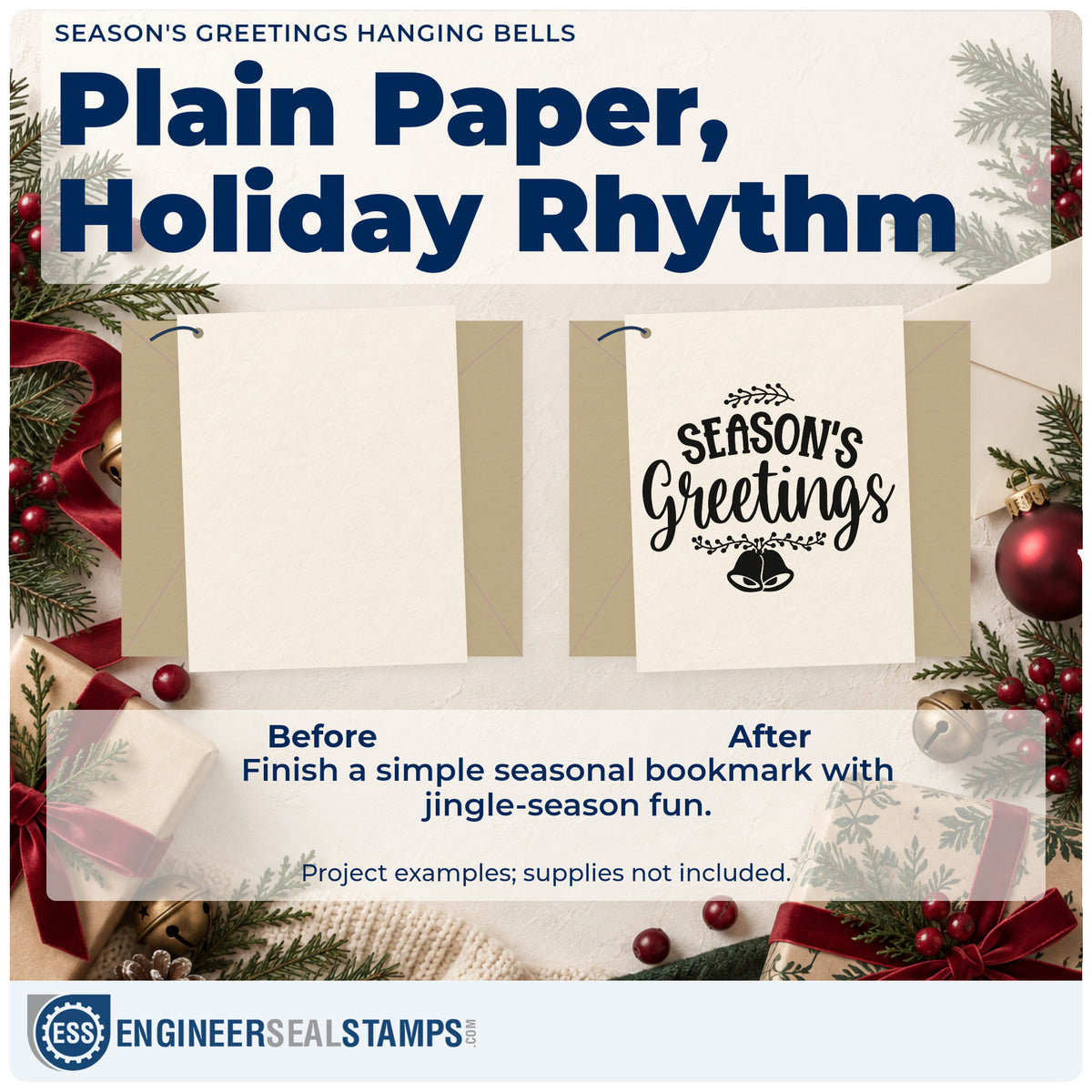 Before and after of a plain item finished with the Season's Greetings Hanging Bells Botanical Sprig Stamp – Duo Hand, a quick upgrade for framed under shelf.