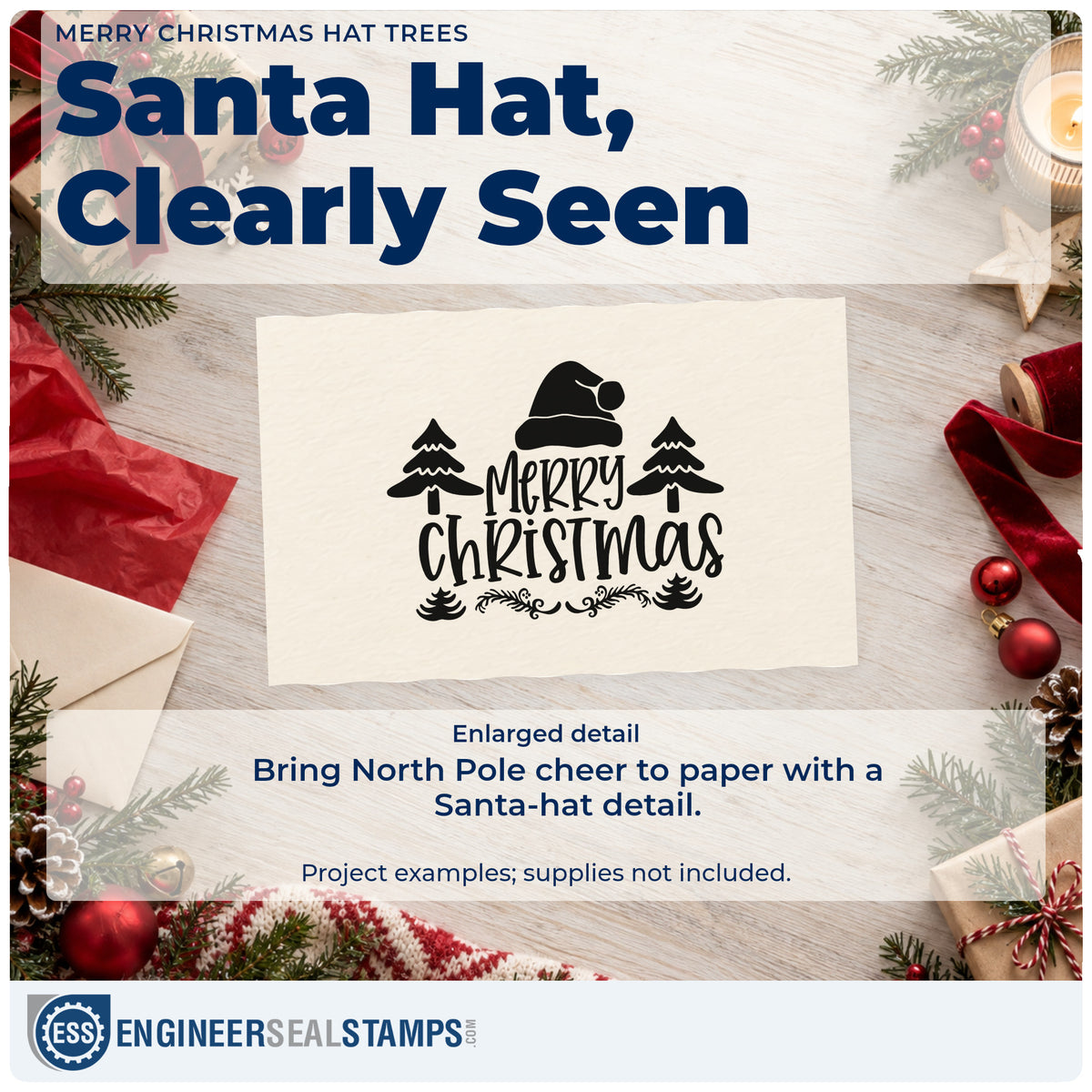 Enlarged detail of the Wood Handle Merry Christmas Hat Trees Rubber Stamp imprint. A Santa hat tops "Merry Christmas," with trees on both sides and evergreen flourishes below.