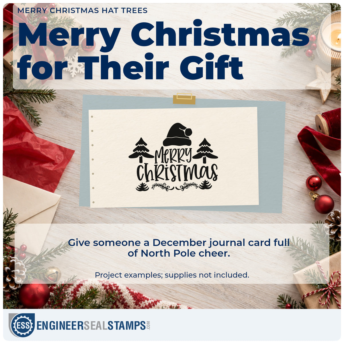 A finished handmade project stamped with the Merry Christmas Hat Trees Premium Wood-Mounted Stamp – Vintage Pro, ideal for forest album page.
