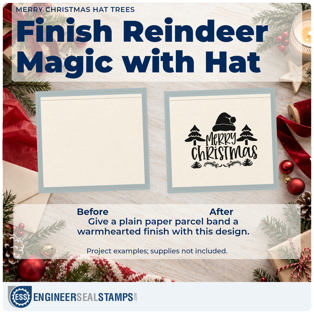 Before and after of a plain item finished with the Merry Christmas Hat Trees Pre-Inked Stamp – Slim, a quick upgrade for framed full border.