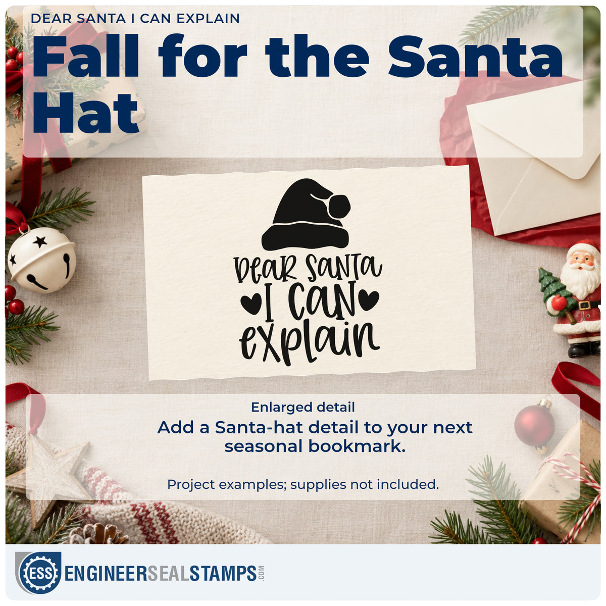 Enlarged detail of the Duo Hand Dear Santa I Can Explain Hat Motif Rubber Stamp imprint. The words "Dear Santa I can explain" appear below a Santa hat between two hearts.