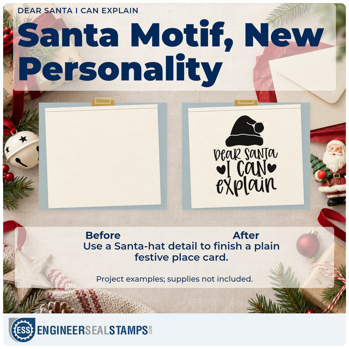 Before and after of a plain item finished with the Dear Santa I Can Explain Hat Motif Stamp – PSI Pre-Inked, a quick upgrade for framed bedside note.
