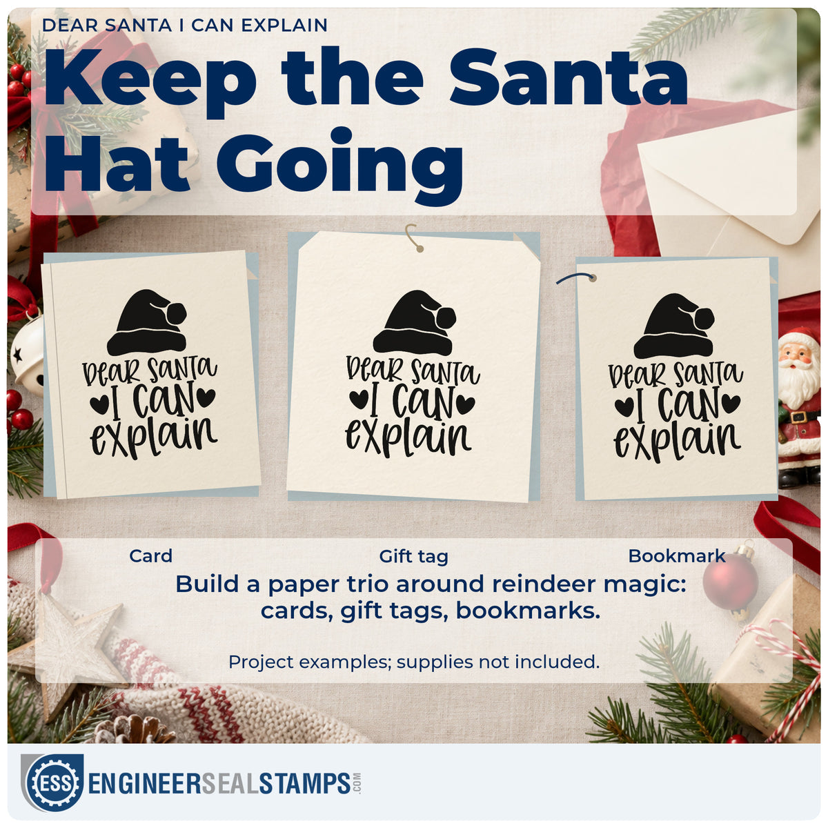 Three project examples made with the Dear Santa I Can Explain Hat Motif Wood Handle Stamp, including amends list sheet.
