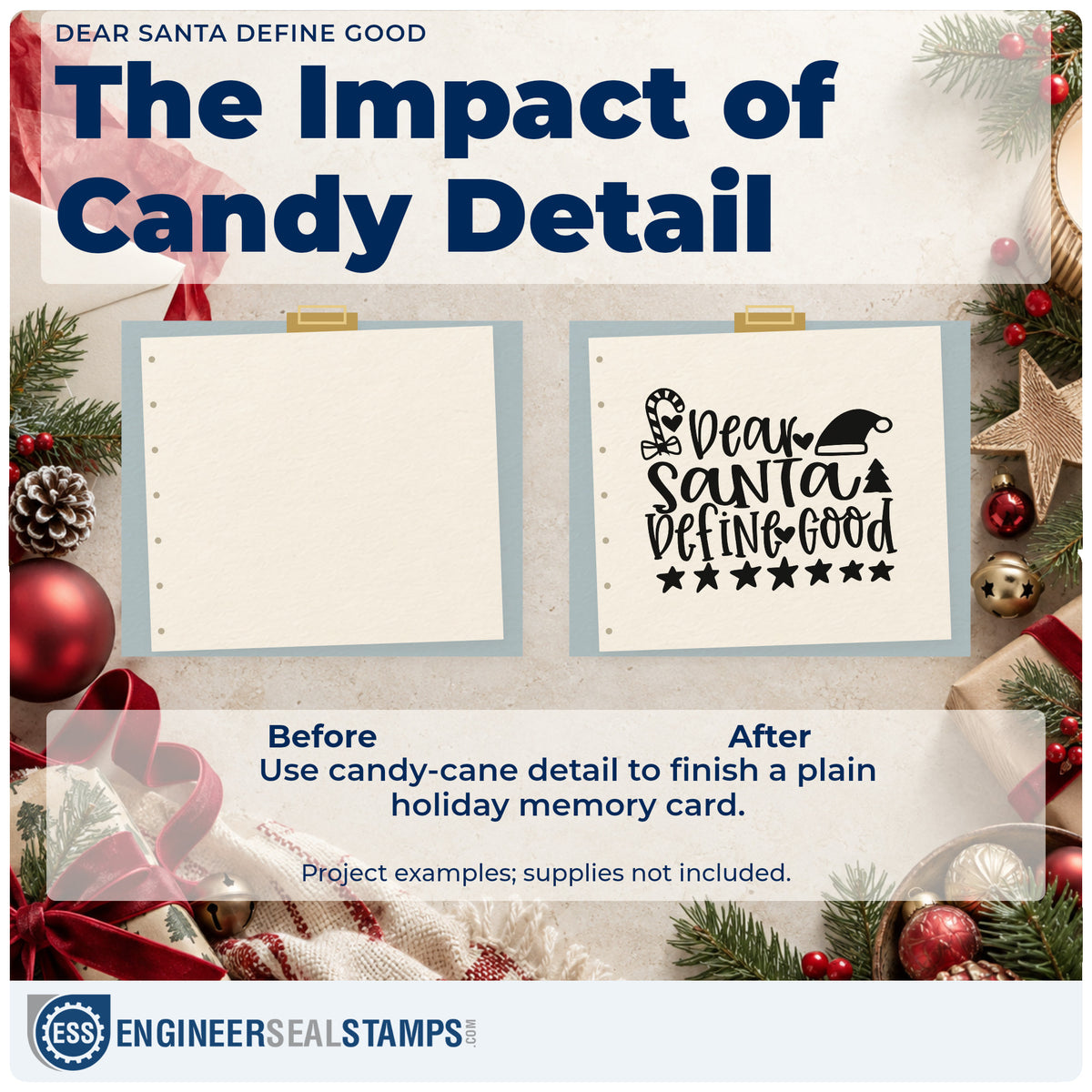 Before and after of a plain item finished with the Dear Santa Define Good Stamp – Self-Inking, a quick upgrade for sock cuff printing.