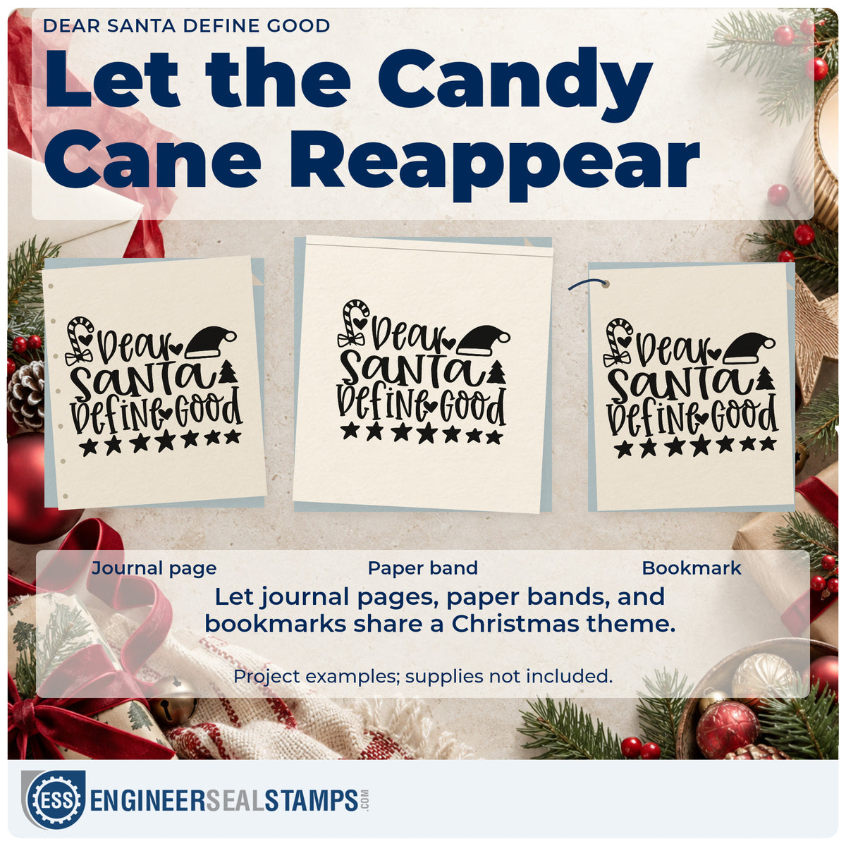 Three project examples made with the Dear Santa Define Good Stamp – Slim Pre-Inked, including cane bundle tags.