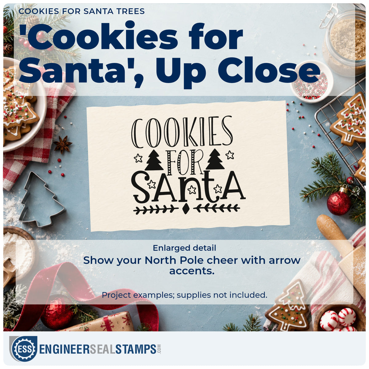 Enlarged detail of the Cookies For Santa Trees Leaf Accents Self-Inking Stamp imprint. The words "Cookies for Santa" include two trees, outlined stars, and a leafy arrow divider.
