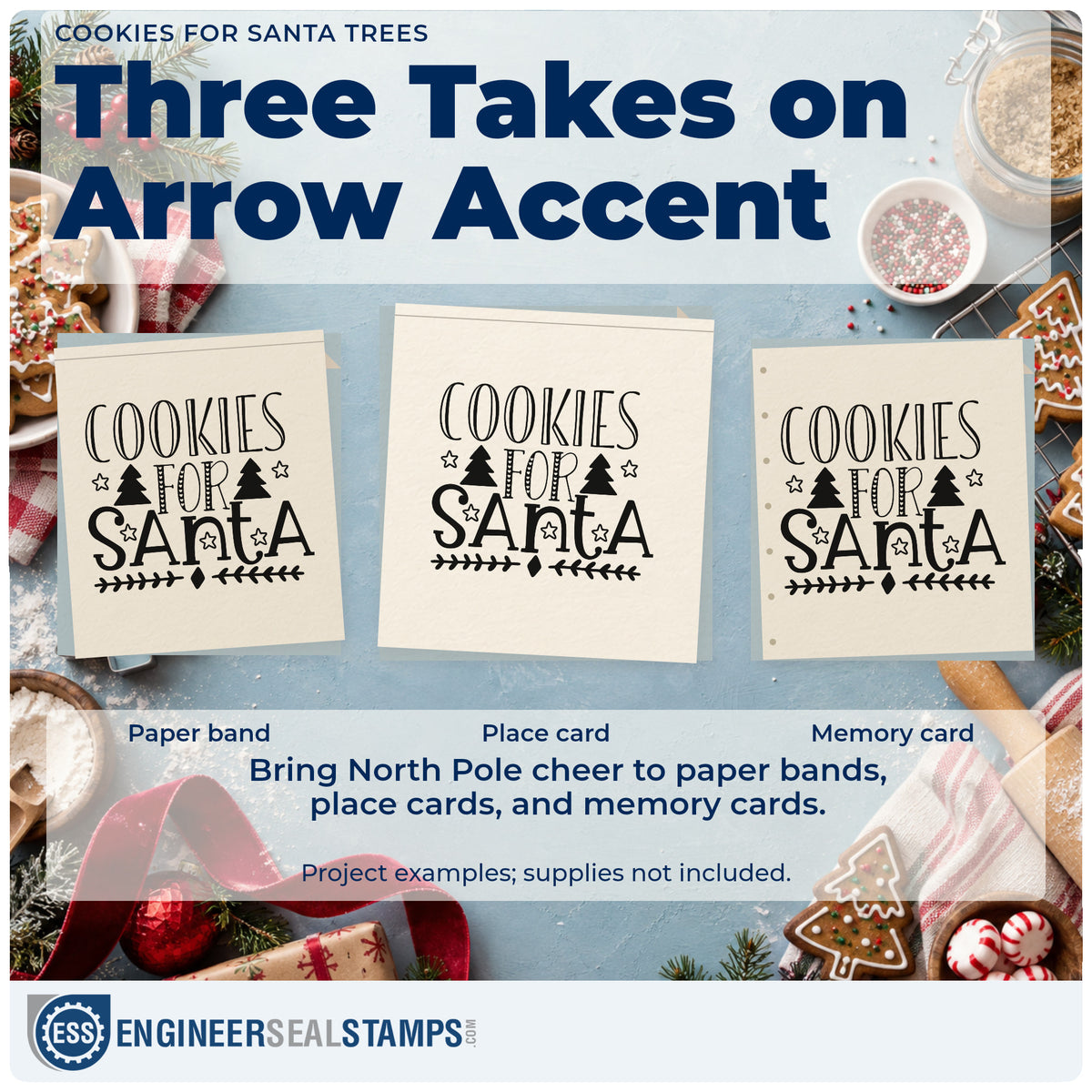 Three project examples made with the Cookies For Santa Trees Leaf Accents Pre-Inked Stamp – PSI, including before after sheet.