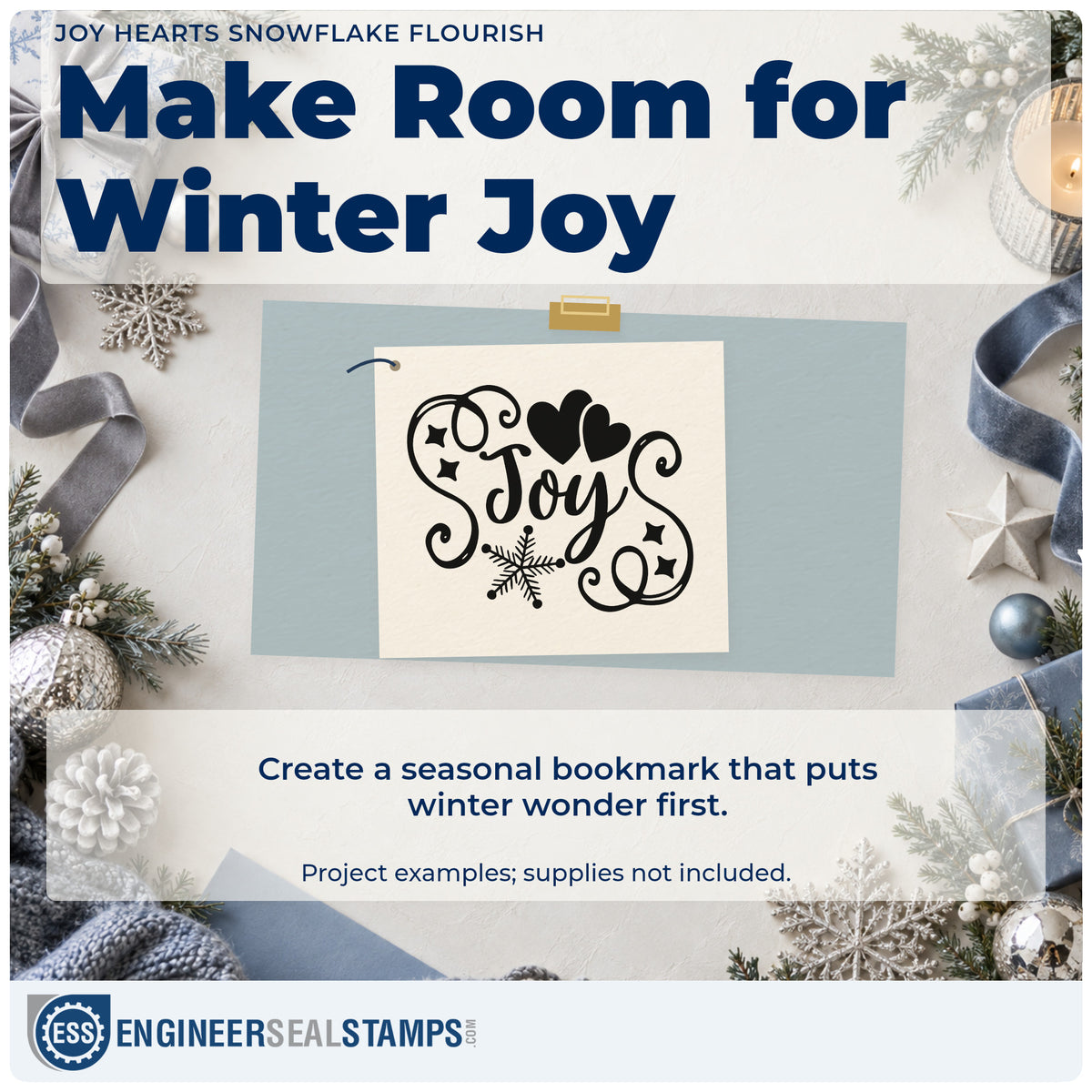 A finished handmade project stamped with the Joy Hearts Snowflake Flourish Pre-Inked Stamp – Slim, ideal for sentiment album page.