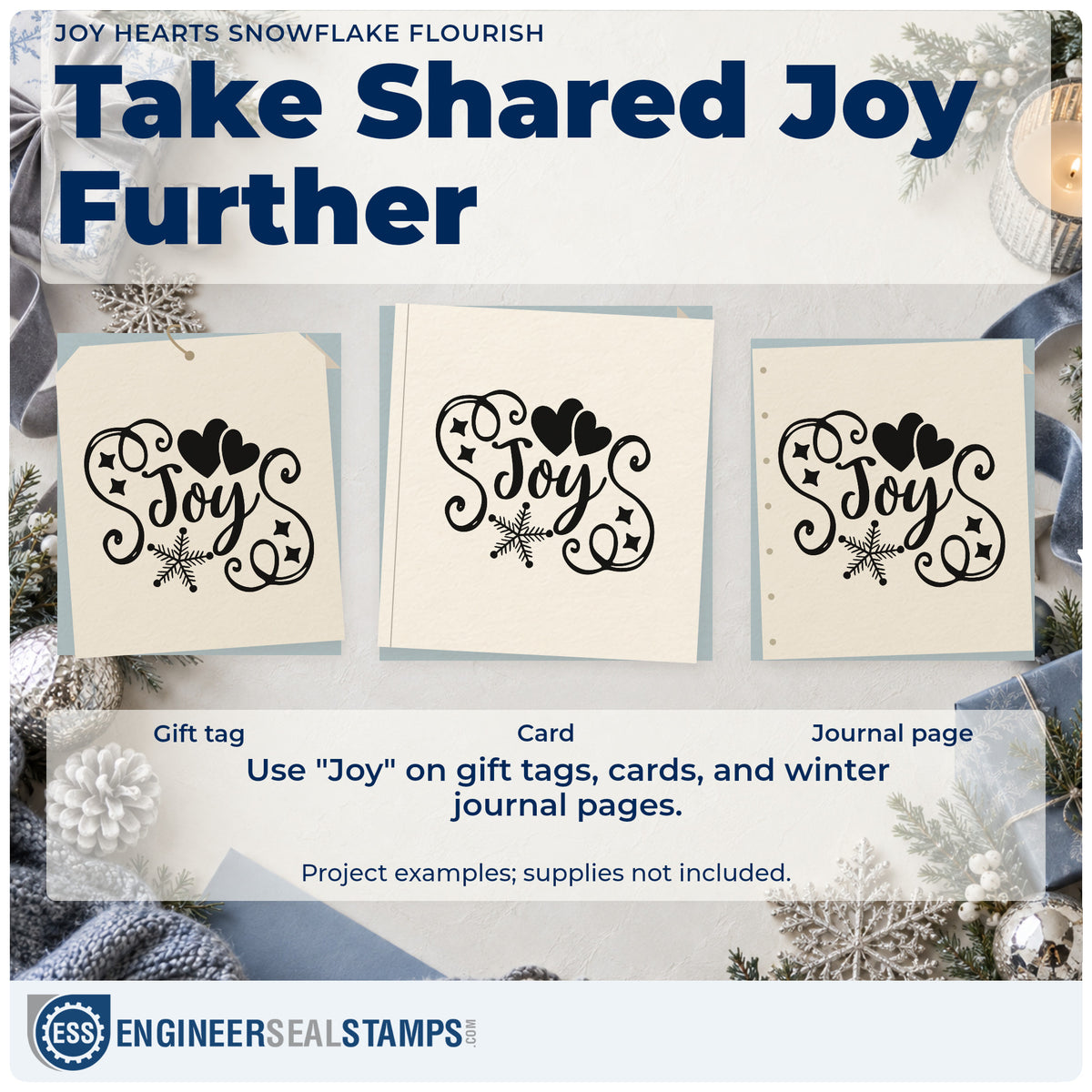 Three project examples made with the Joy Hearts Snowflake Flourish Premium Wood-Mounted Stamp – Vintage Pro, including kindness log sheet.