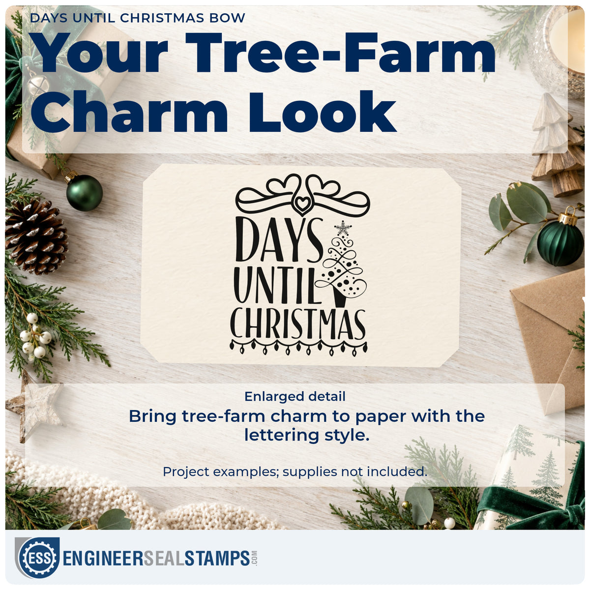 Enlarged detail of the Days Until Christmas Bow Tree Motif PSI Pre-Inked Stamp imprint. The words "days until Christmas" sit below a decorative bow beside a tree and above string lights.