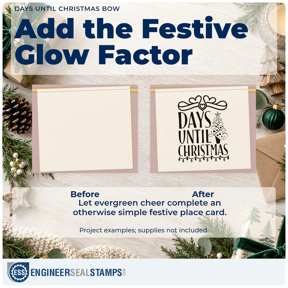 Before and after of a plain item finished with the Days Until Christmas Bow Tree Motif PSI Pre-Inked Stamp, a quick upgrade for framed slate middle.