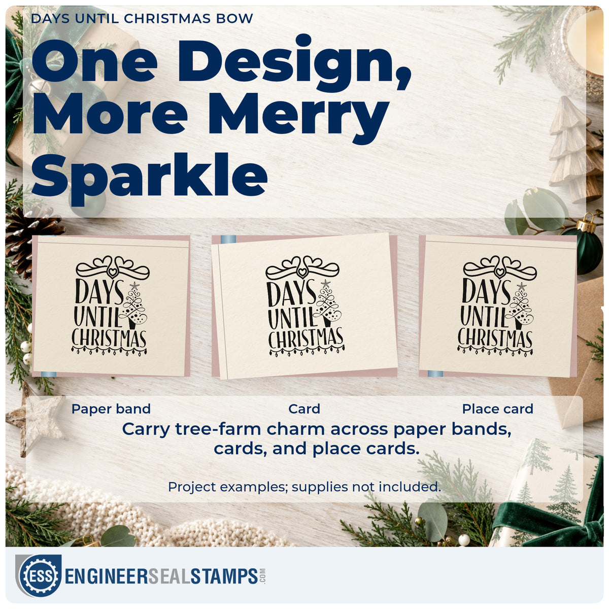 Three project examples made with the Days Until Christmas Bow Tree Motif Compact Pre-Inked Stamp – Slim, including daily number sheet.
