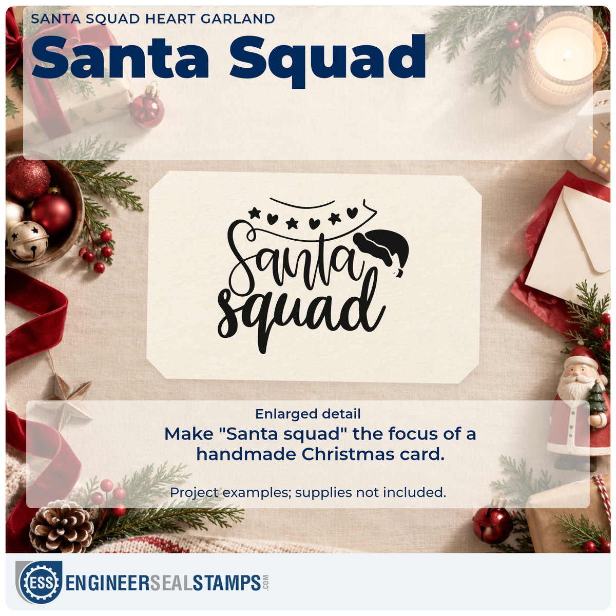 Enlarged detail of the Santa Squad Heart Garland Duo Hand Stamp imprint. The words "Santa squad" appear beneath a garland of hearts and stars with a Santa hat.