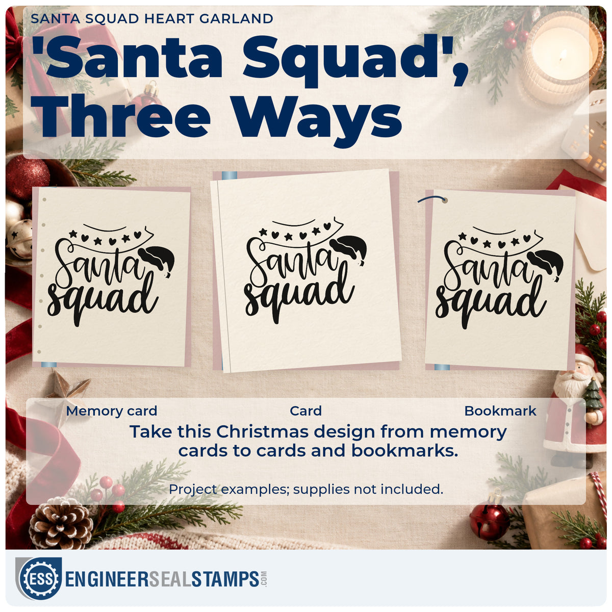 Three project examples made with the Santa Squad Heart Garland Duo Hand Stamp, including header arc sheet.