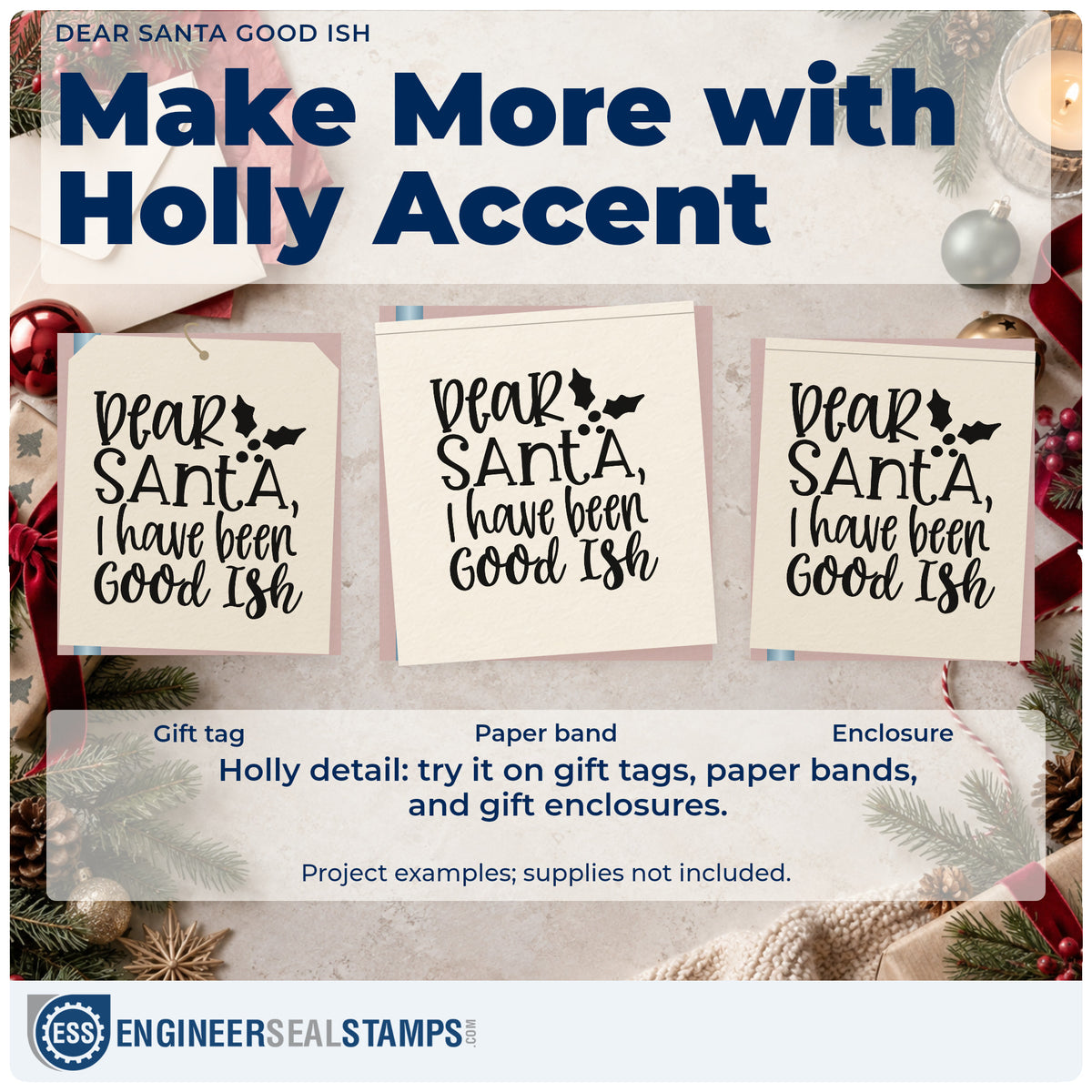 Three project examples made with the Dear Santa Good Ish Pre-Inked Stamp – PSI, including mostly done sheet.