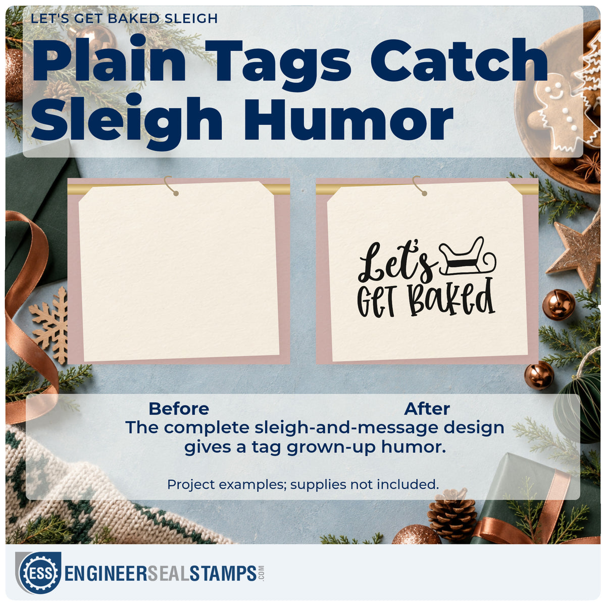Before and after of a plain item finished with the Let's Get Baked Sleigh Pre-Inked Stamp – Slim, a quick upgrade for framed camper wall.