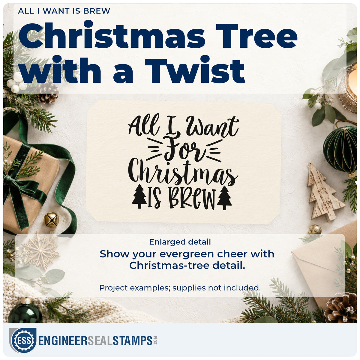 Enlarged detail of the All I Want Is Brew Stamp – Duo Hand imprint. The phrase "All I want for Christmas is brew" includes two small Christmas trees and emphasis lines.