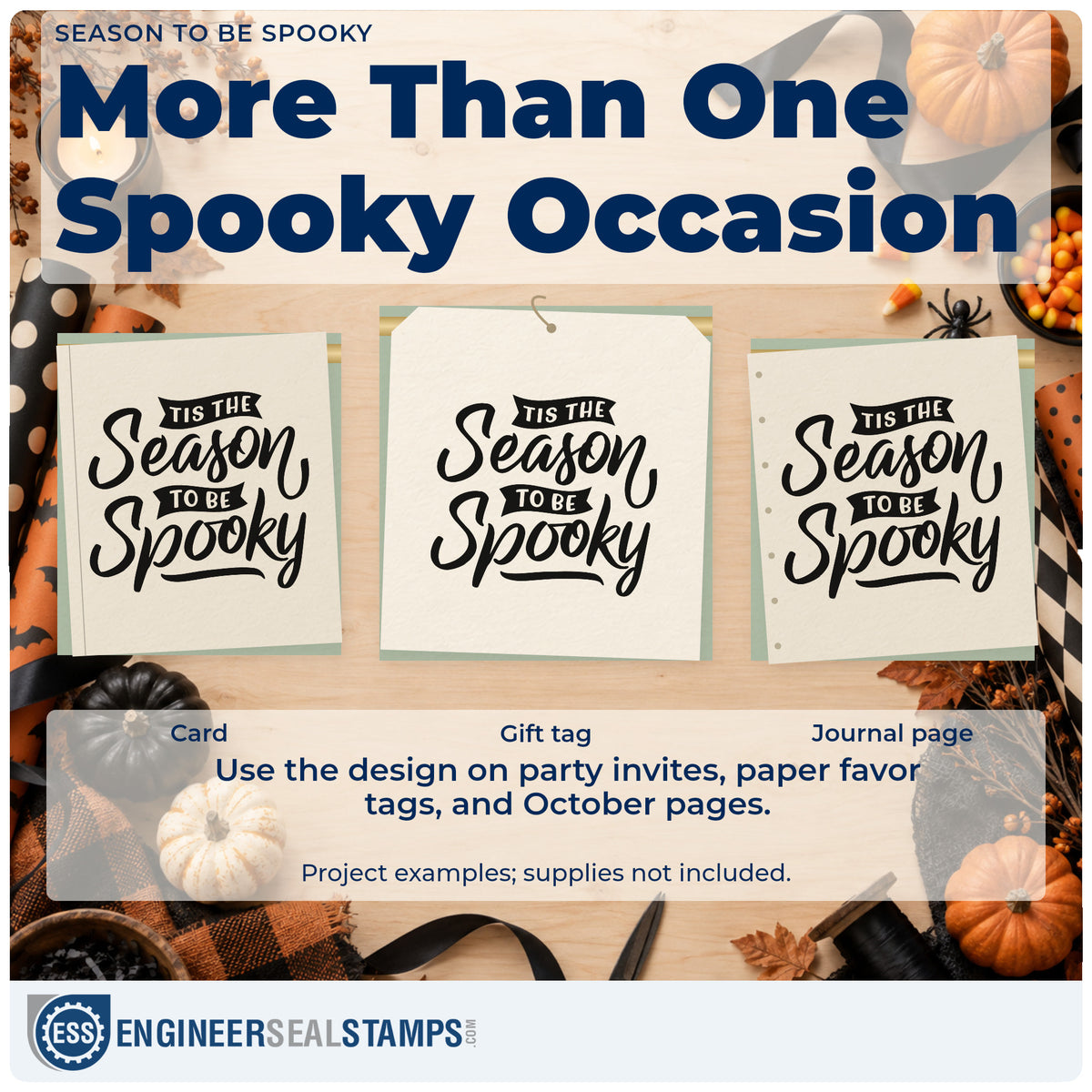 Three project examples made with the Tis The Season To Be Spooky Rubber Stamp – Duo Hand, including party plan sheet.