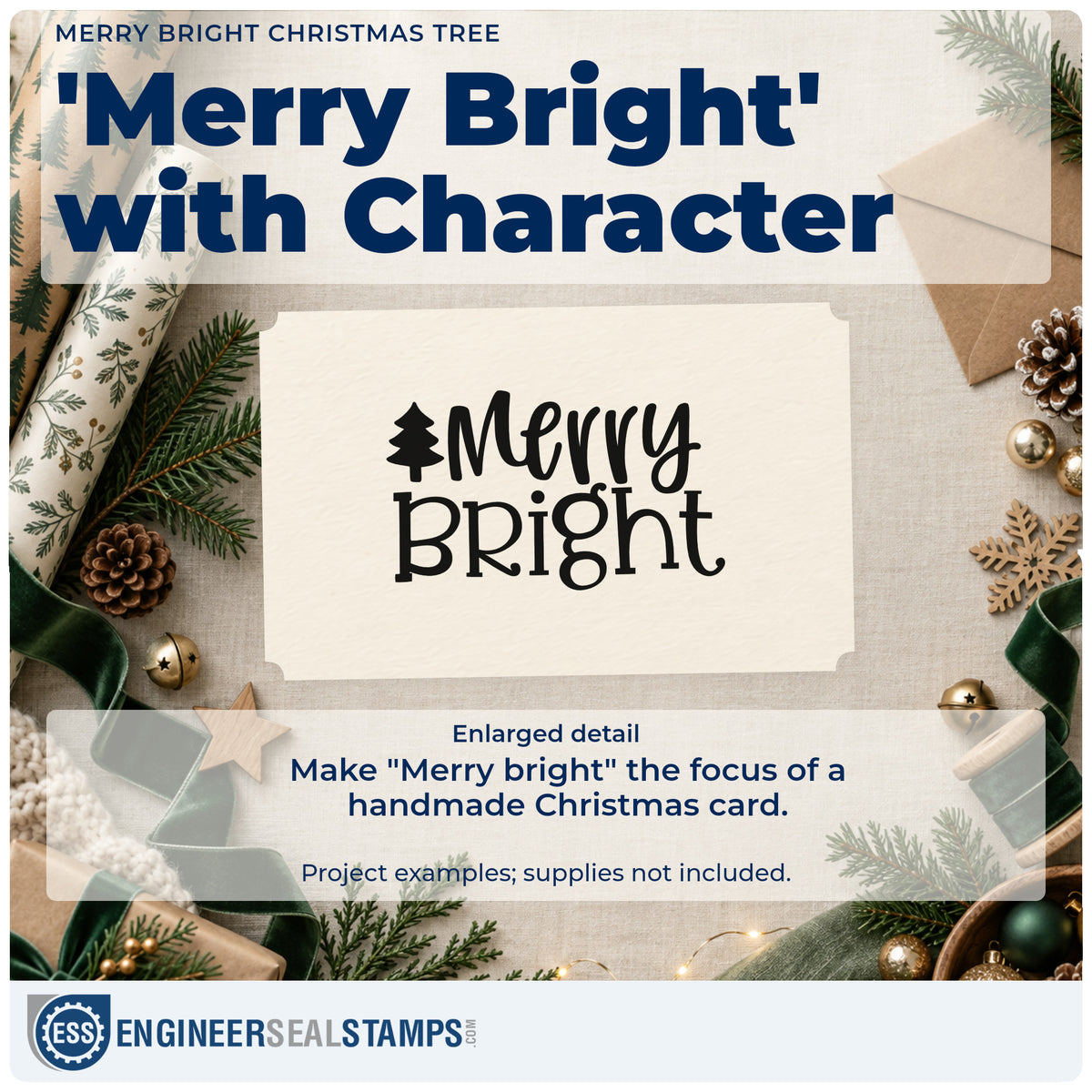 Enlarged detail of the Merry Bright Christmas Tree Lettering Stamp – PSI Pre-Inked imprint. The words "Merry bright" appear beside a small solid Christmas tree.