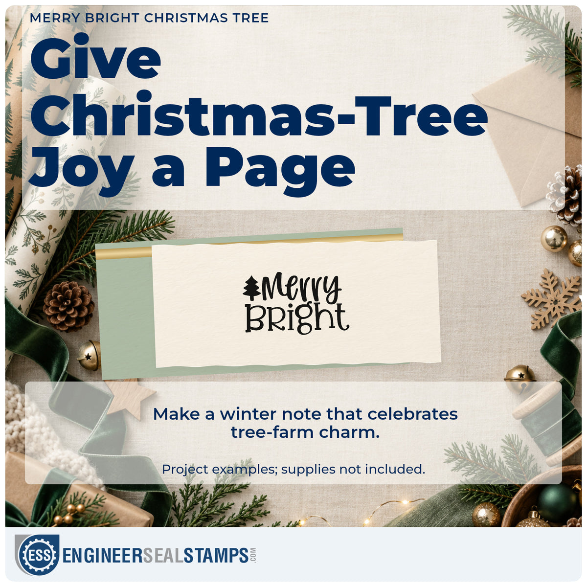 A finished handmade project stamped with the Merry Bright Christmas Tree Lettering Wood Handle Stamp, ideal for plain album header.