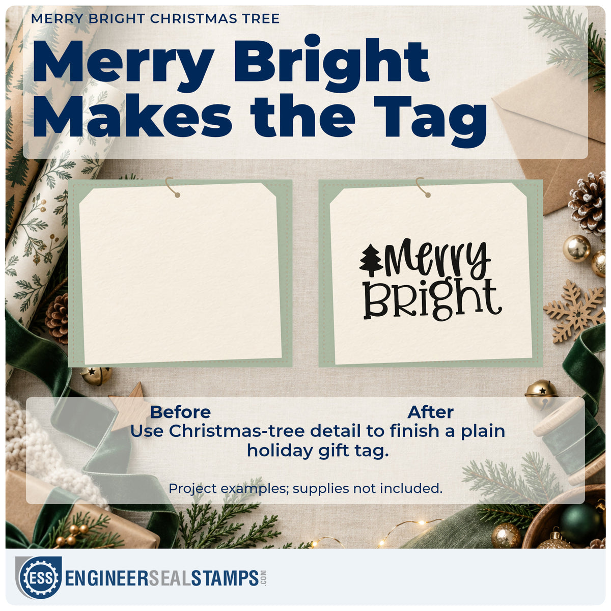Before and after of a plain item finished with the Merry Bright Christmas Tree Lettering Self-Inking Stamp, a quick upgrade for framed narrow ledge.
