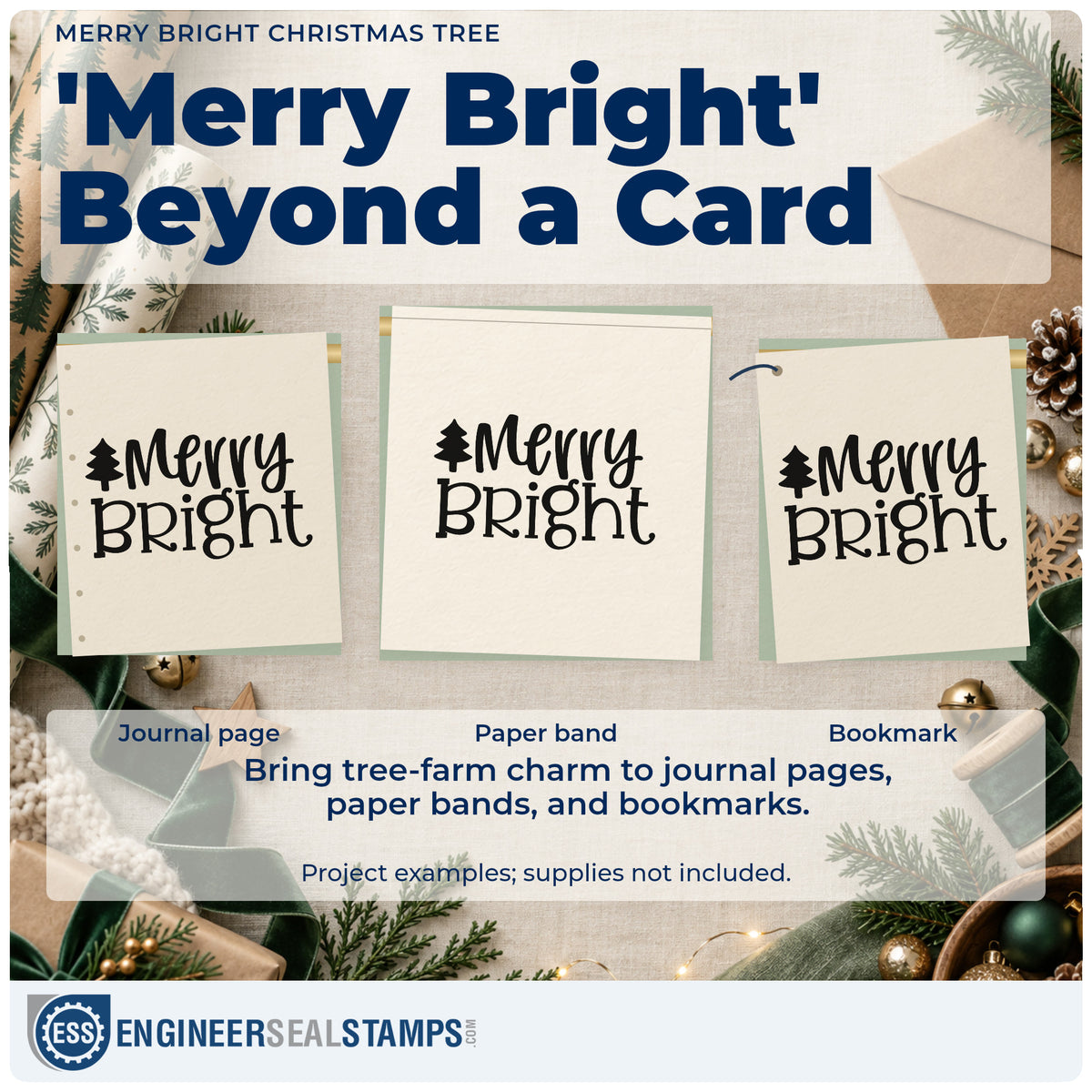Three project examples made with the Merry Bright Christmas Tree Lettering Wood Handle Stamp, including short note sheet.
