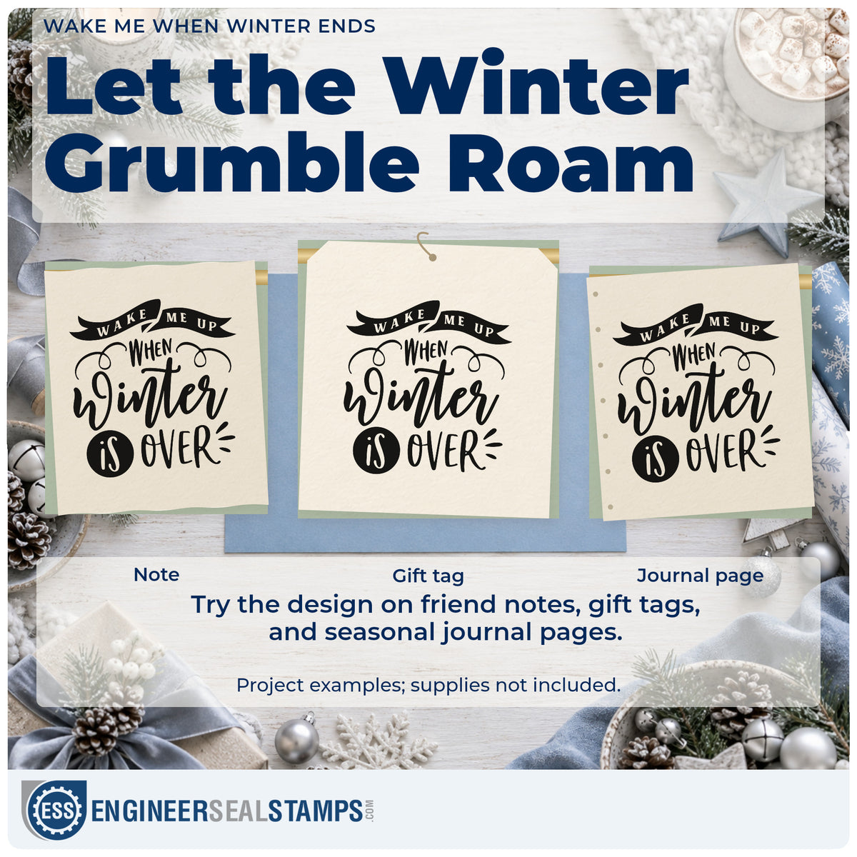 Three project examples made with the Wake Me When Winter Ends Ribbon Lettering Self-Inking Stamp, including trip packing sheet.