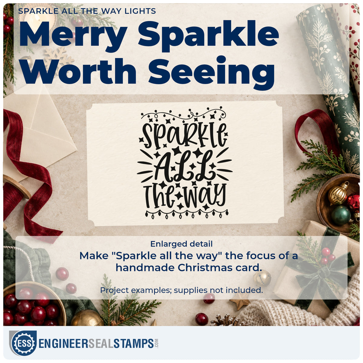 Enlarged detail of the Pre-Inked Sparkle All The Way Lights Stamp – PSI imprint. The words "Sparkle all the way" appear between strands of lights with stars and rays.