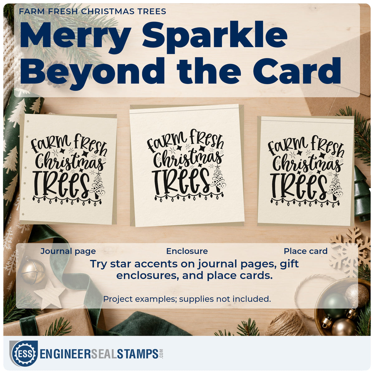 Three project examples made with the Farm Fresh Christmas Trees Hand Stamp – Duo, including evening shift sheet.