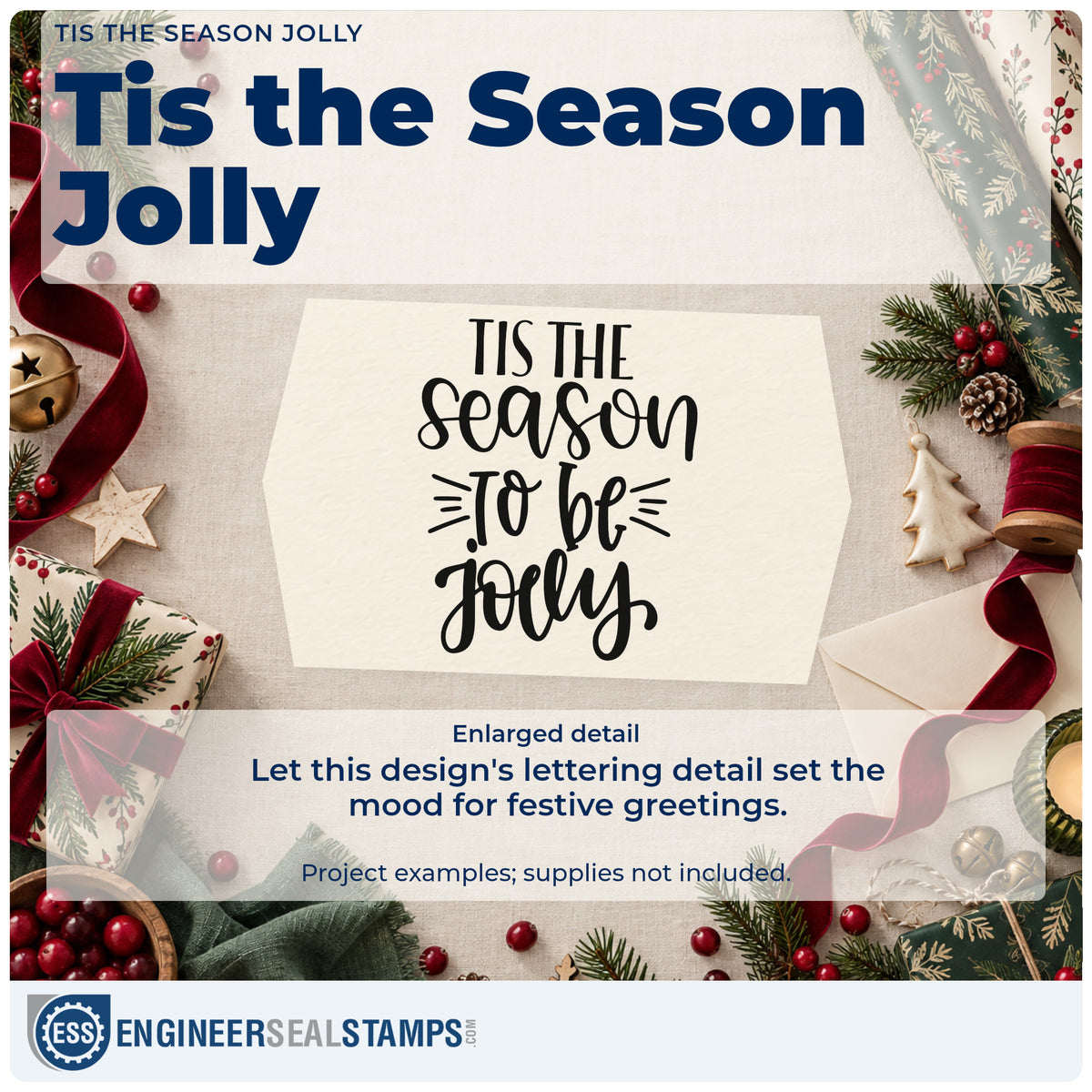 Enlarged detail of the PSI Pre-Inked Tis The Season Jolly Stamp imprint. The phrase "Tis the season to be jolly" appears in mixed lettering with emphasis lines.