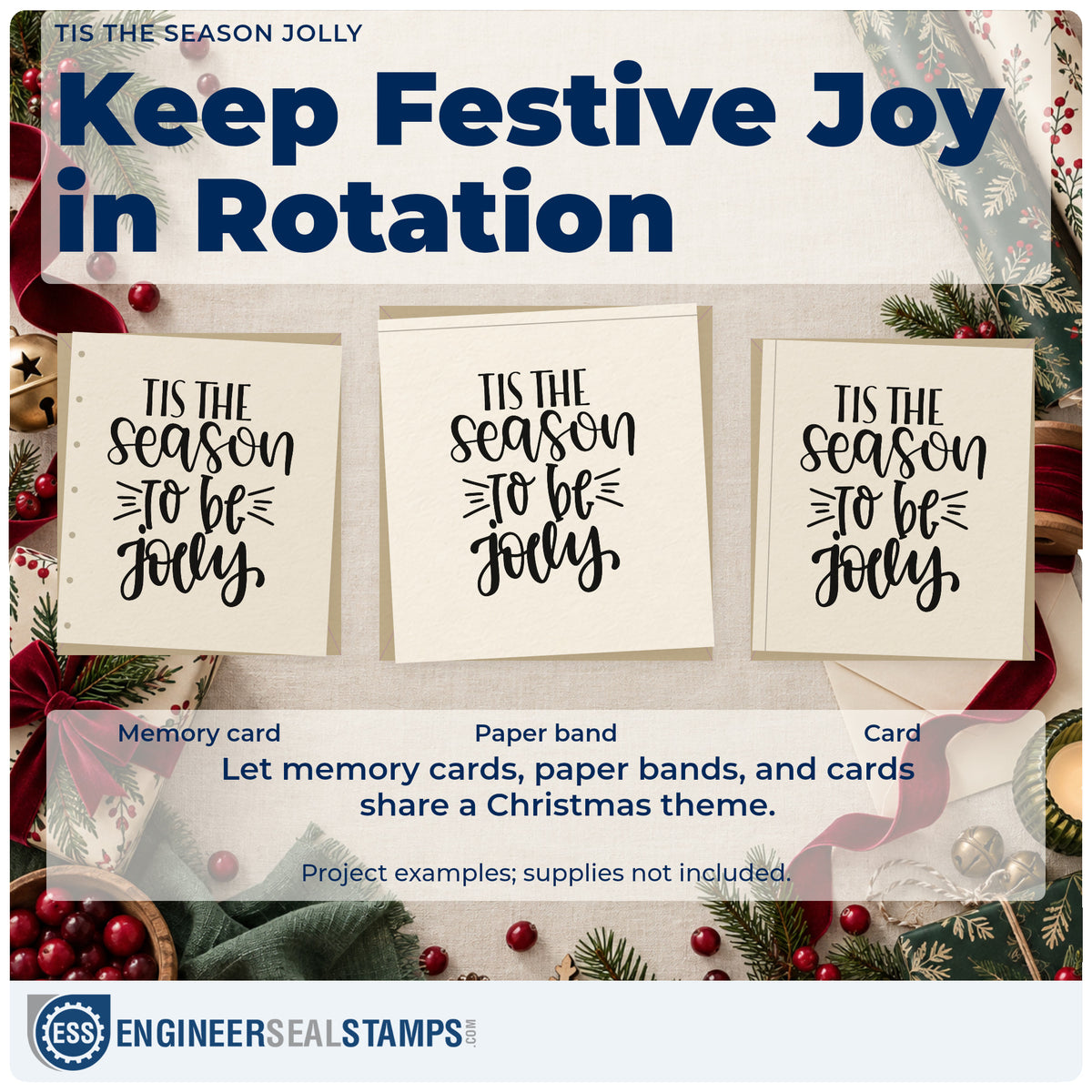 Three project examples made with the Tis The Season Jolly Slim Pre-Inked Stamp, including underline note sheet.