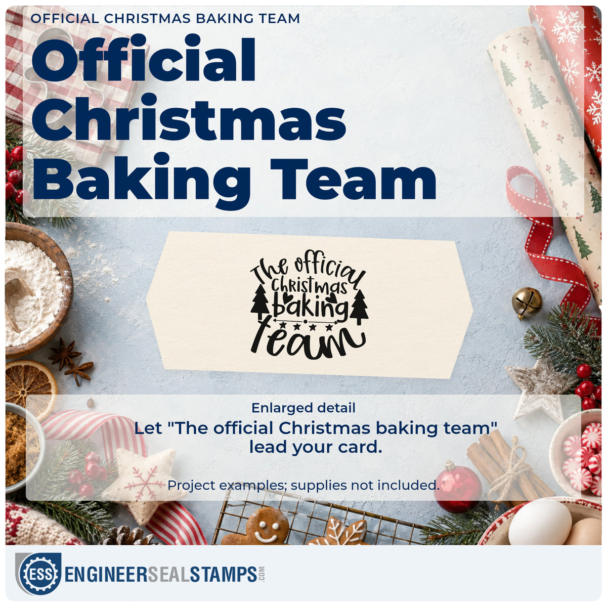 Enlarged detail of the Slim Pre-Inked Official Christmas Baking Team Stamp imprint. The words "The official Christmas baking team" include two trees, stars, and an arrow divider.