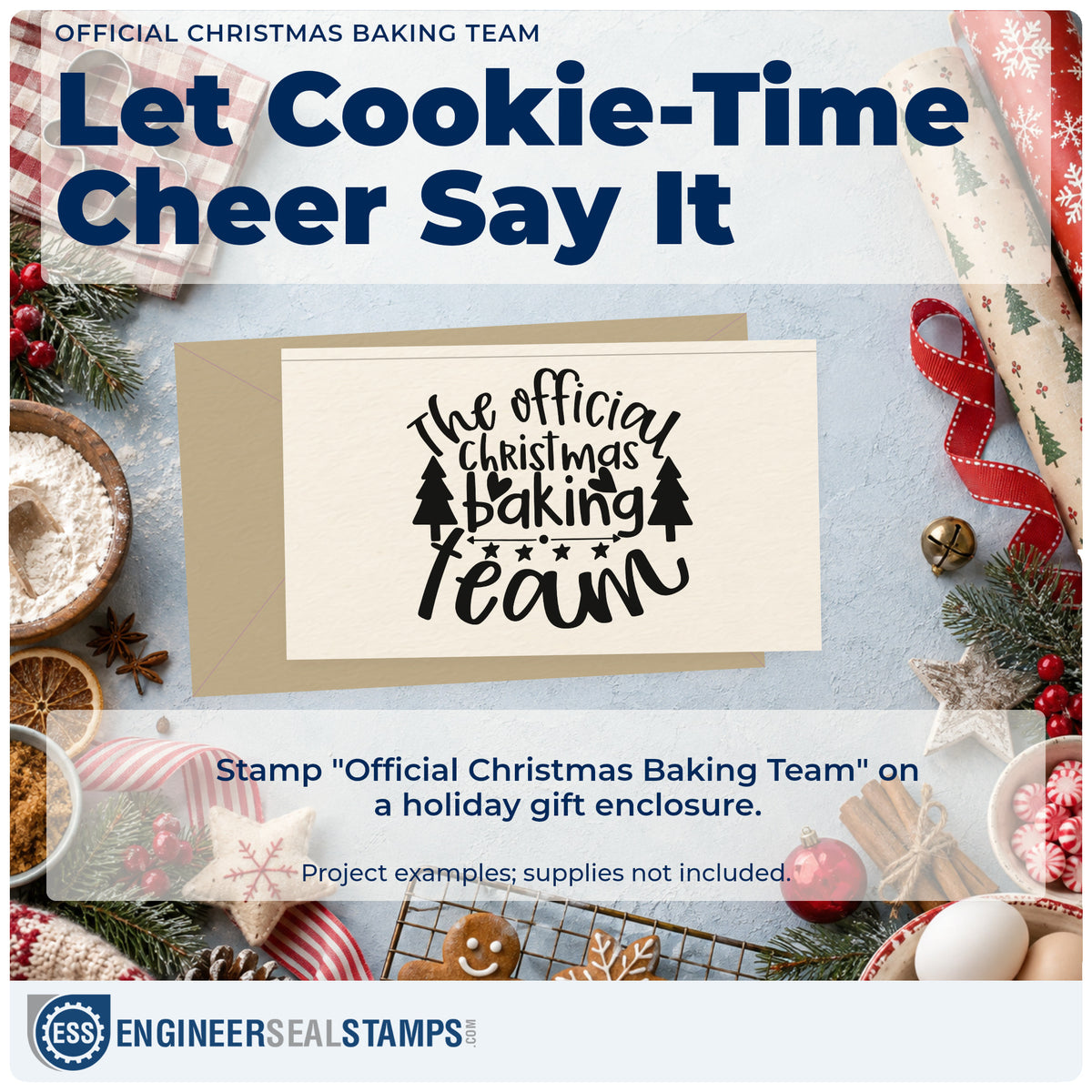A finished handmade project stamped with the Slim Pre-Inked Official Christmas Baking Team Stamp, ideal for bracket album page.