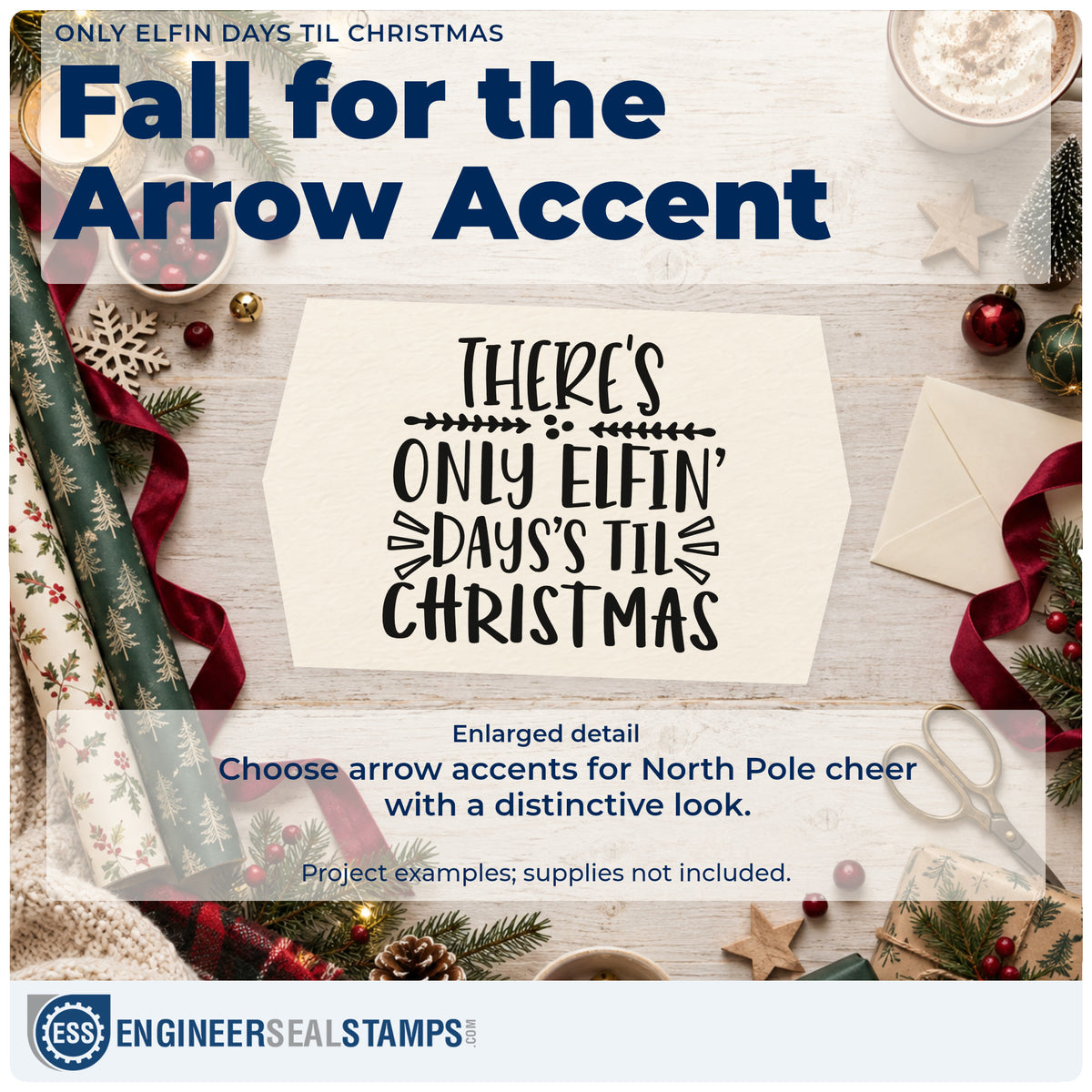Enlarged detail of the Christmas Countdown With Elfin Script PSI Pre-Inked Stamp imprint. The words There's only elfin' day's's til Christmas appear with a decorative arrow line and emphasis marks.