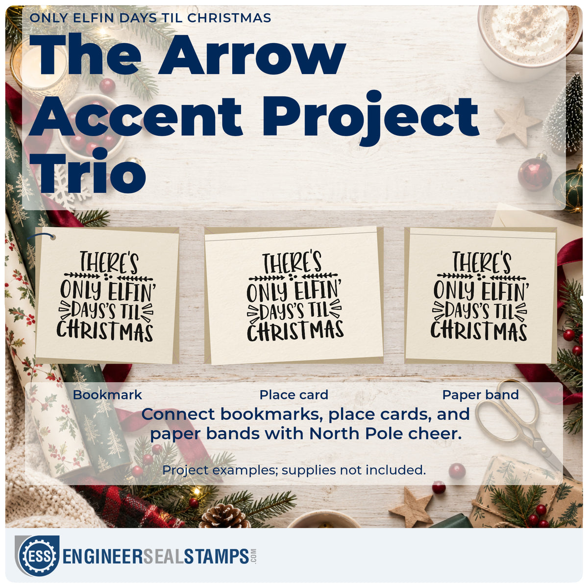 Three project examples made with the Christmas Countdown With Elfin Script PSI Pre-Inked Stamp, including days left sheet.