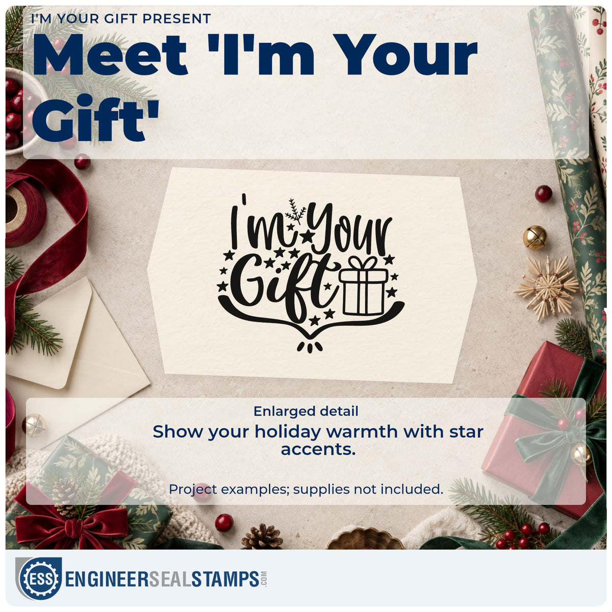 Enlarged detail of the I'm Your Gift Present With Stars Stamp – Duo Hand imprint. The words "I'm your gift" appear beside a wrapped present with stars and a curling underline.