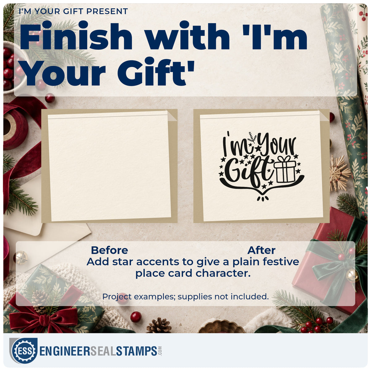 Before and after of a plain item finished with the I'm Your Gift Present With Stars Slim Pre-Inked Stamp, a quick upgrade for framed bedroom nook.