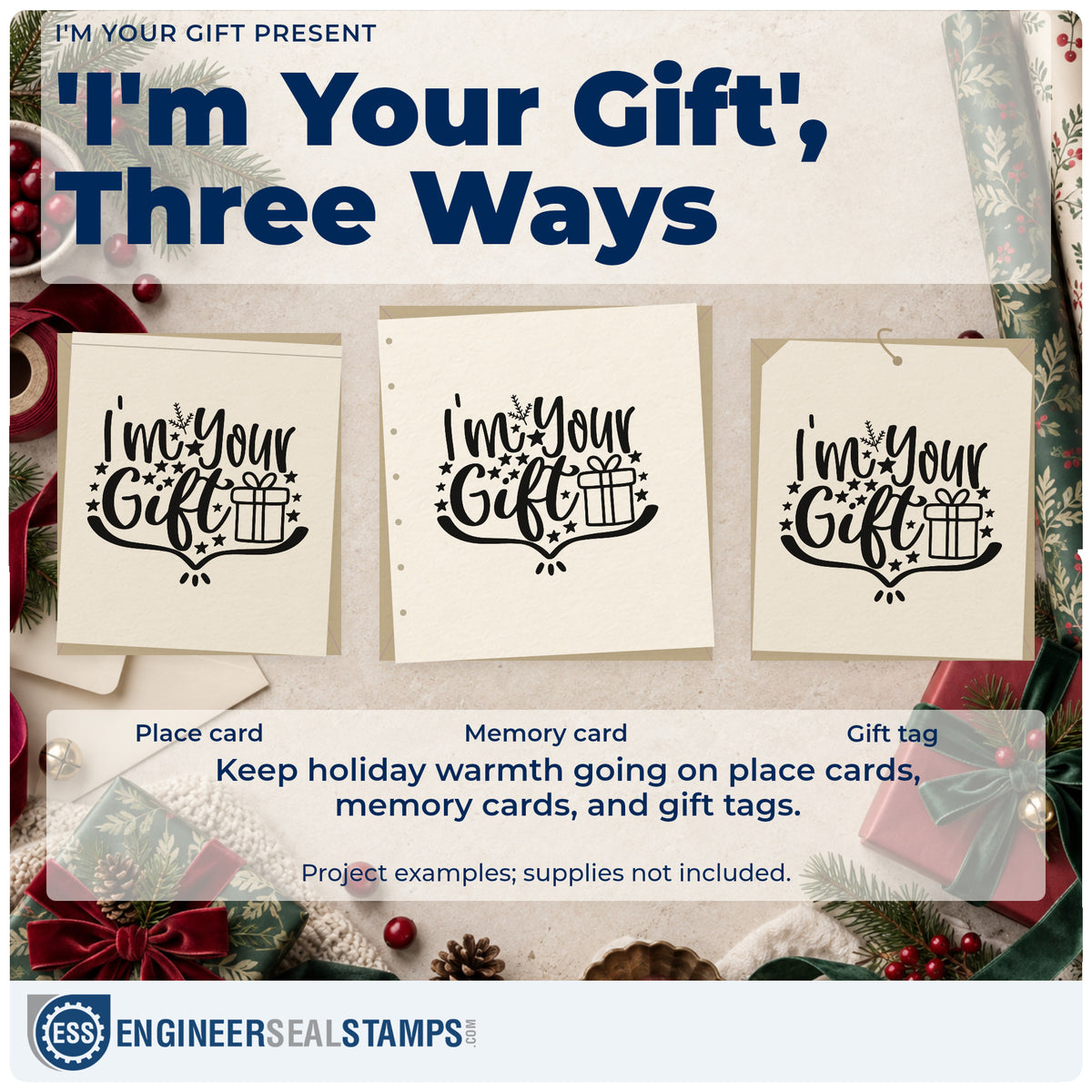 Three project examples made with the I'm Your Gift Present With Stars Slim Pre-Inked Stamp, including date night sheet.