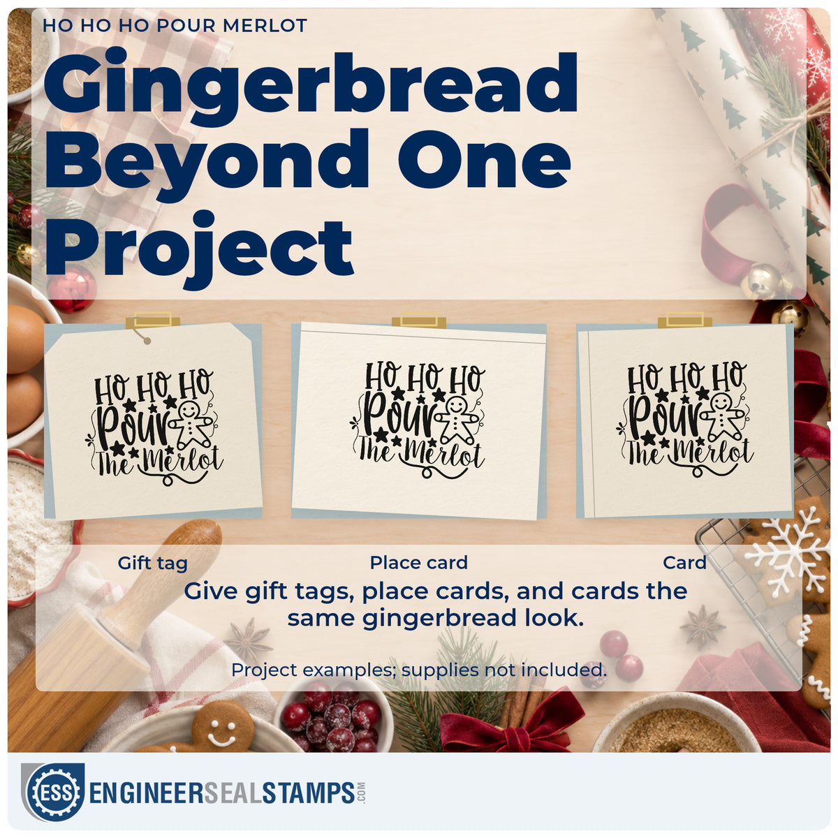 Three project examples made with the Ho Ho Ho Pour The Merlot Rubber Stamp – Duo Hand, including pairing note sheet.