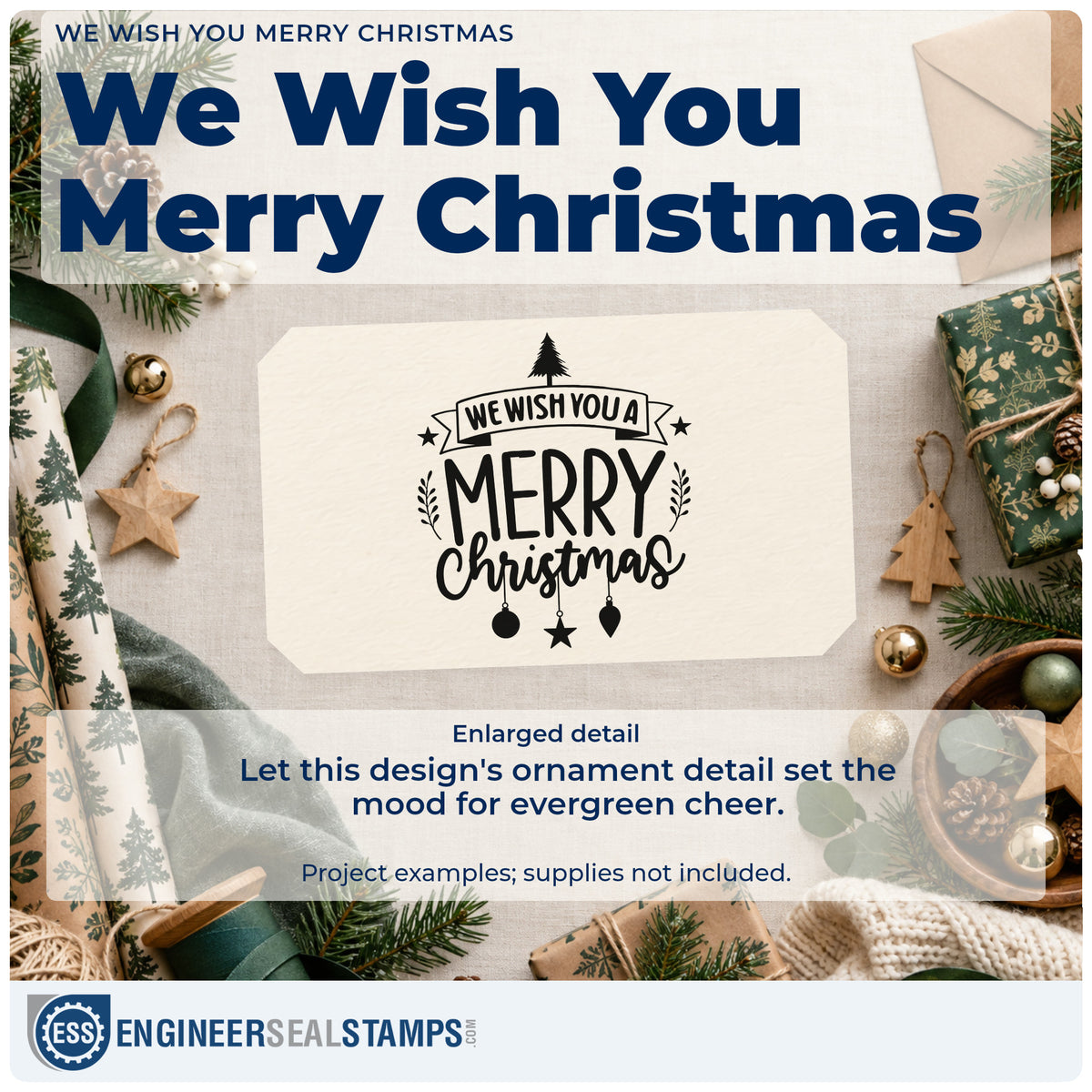 Enlarged detail of the Duo Hand We Wish You A Merry Christmas Rubber Stamp imprint. The words "We wish you a merry Christmas" include a banner, tree, stars, sprigs, and hanging ornaments.