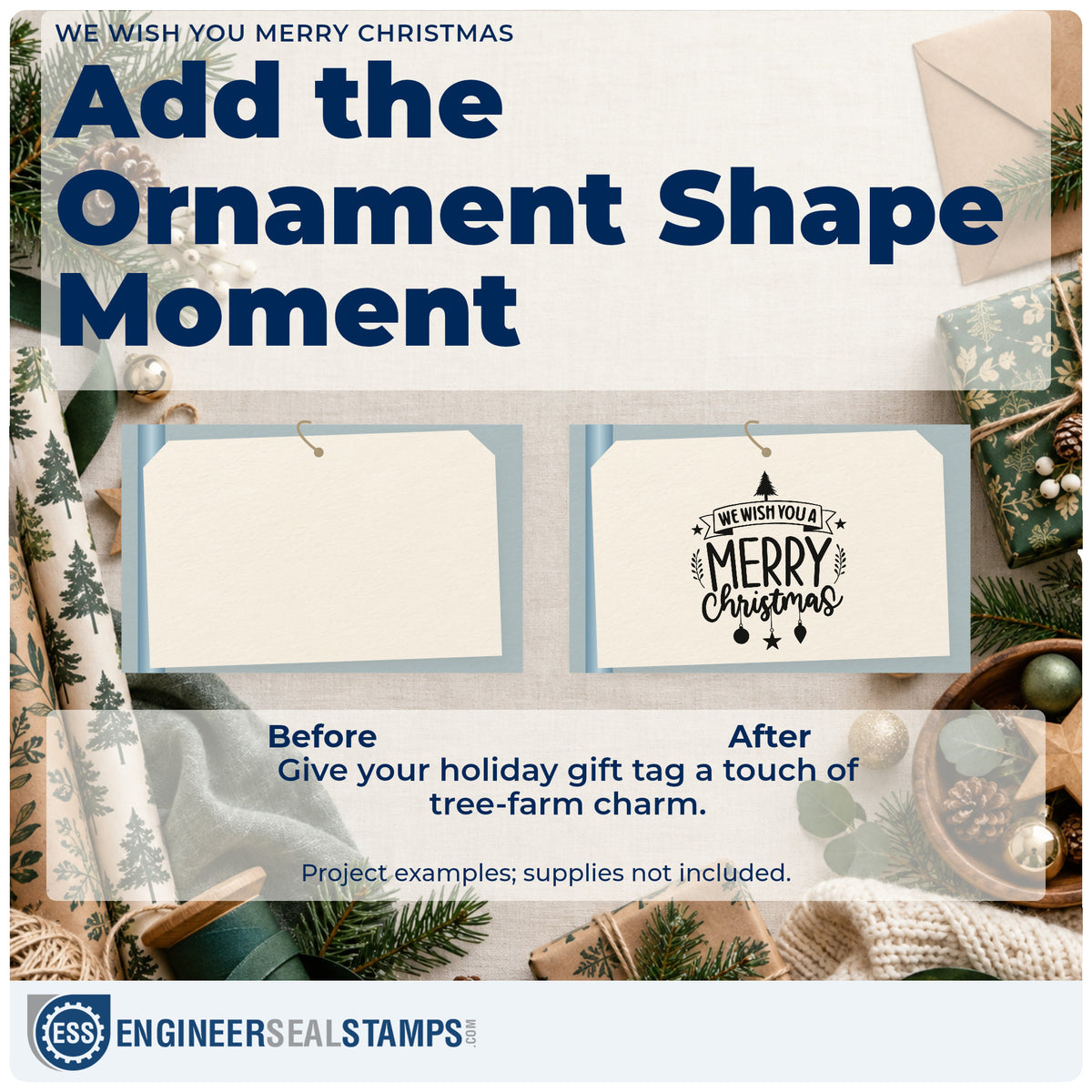 Before and after of a plain item finished with the Duo Hand We Wish You A Merry Christmas Rubber Stamp, a quick upgrade for framed large piece.