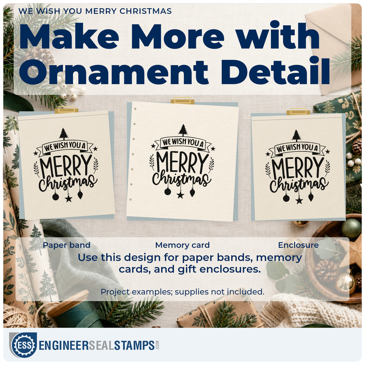 Three project examples made with the We Wish You A Merry Christmas Stamp – PSI Pre-Inked, including master plan sheet.