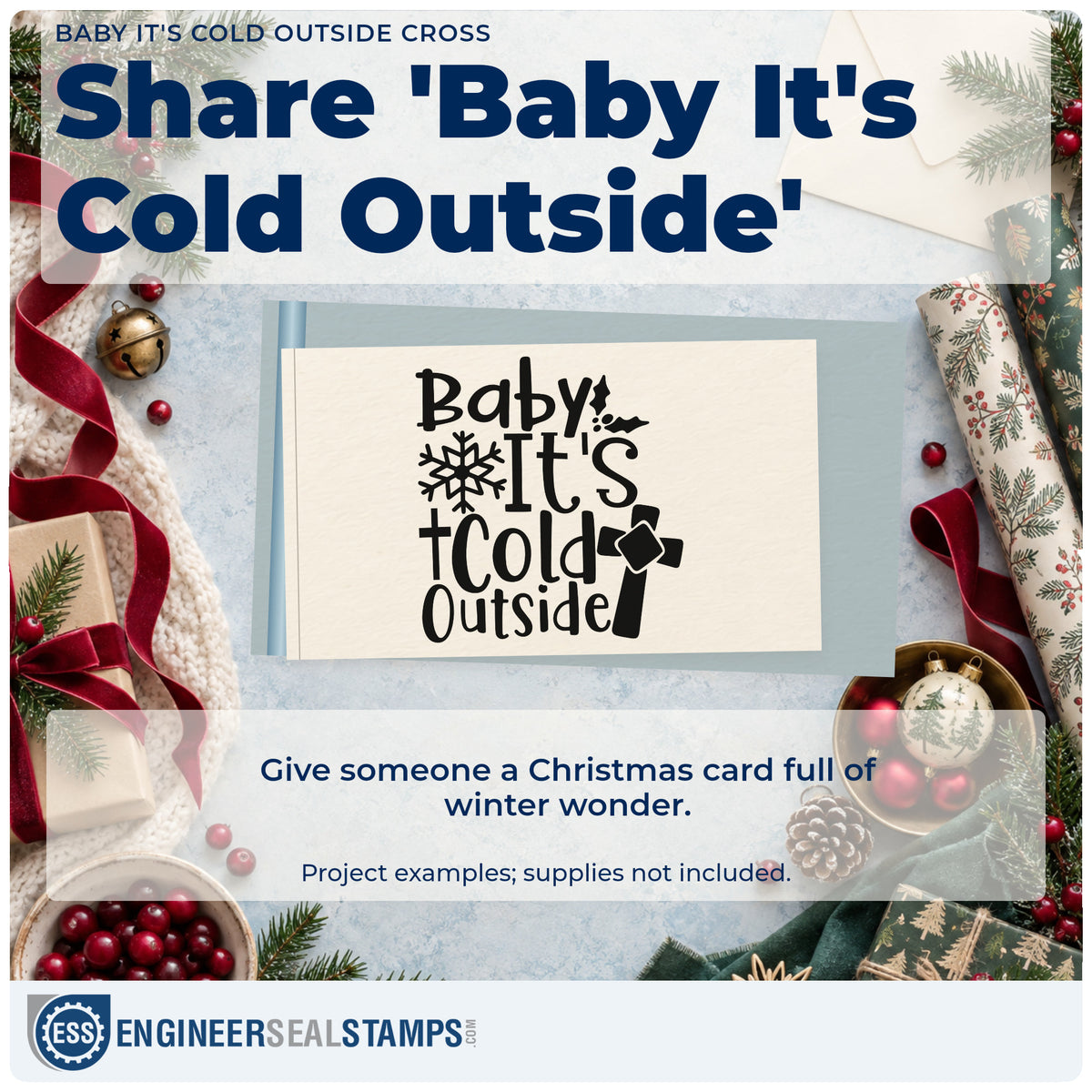 A finished handmade project stamped with the Baby It's Cold Outside Cross Hand Stamp – Duo, ideal for winter service album.