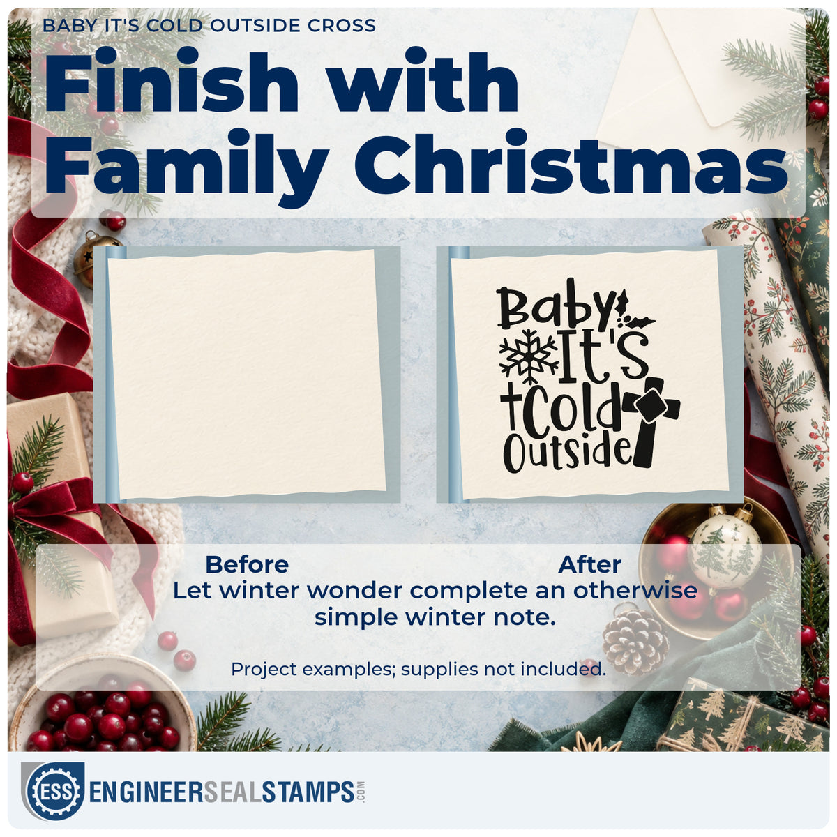 Before and after of a plain item finished with the Baby It's Cold Outside Cross Hand Stamp – Duo, a quick upgrade for framed fellowship hall.